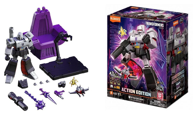 Figurine Blokees Transformers Megatron Action Edition avec accessoires, base d’exposition et effet lumineux Light Up.