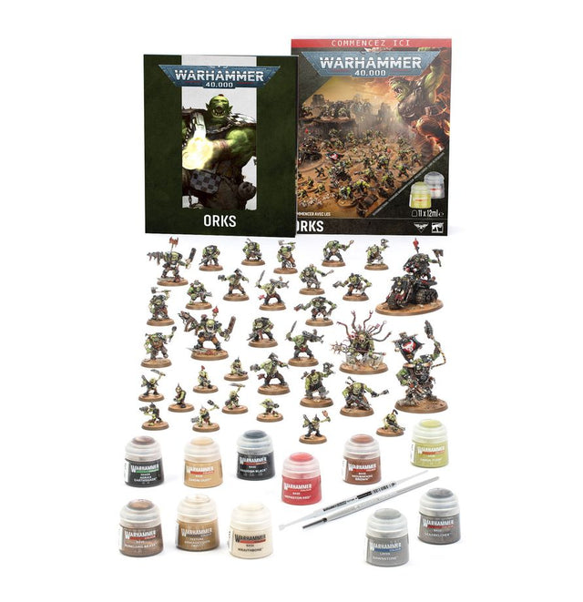 Coffret Warhammer 40,000 Commencer avec les Orks avec figurines Orks, livres, peintures Citadel et pinceau pour débuter une armée.