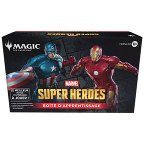 Boîte d’apprentissage Magic: The Gathering Marvel Super Heroes en français avec Captain America et Iron Man sur le coffret.