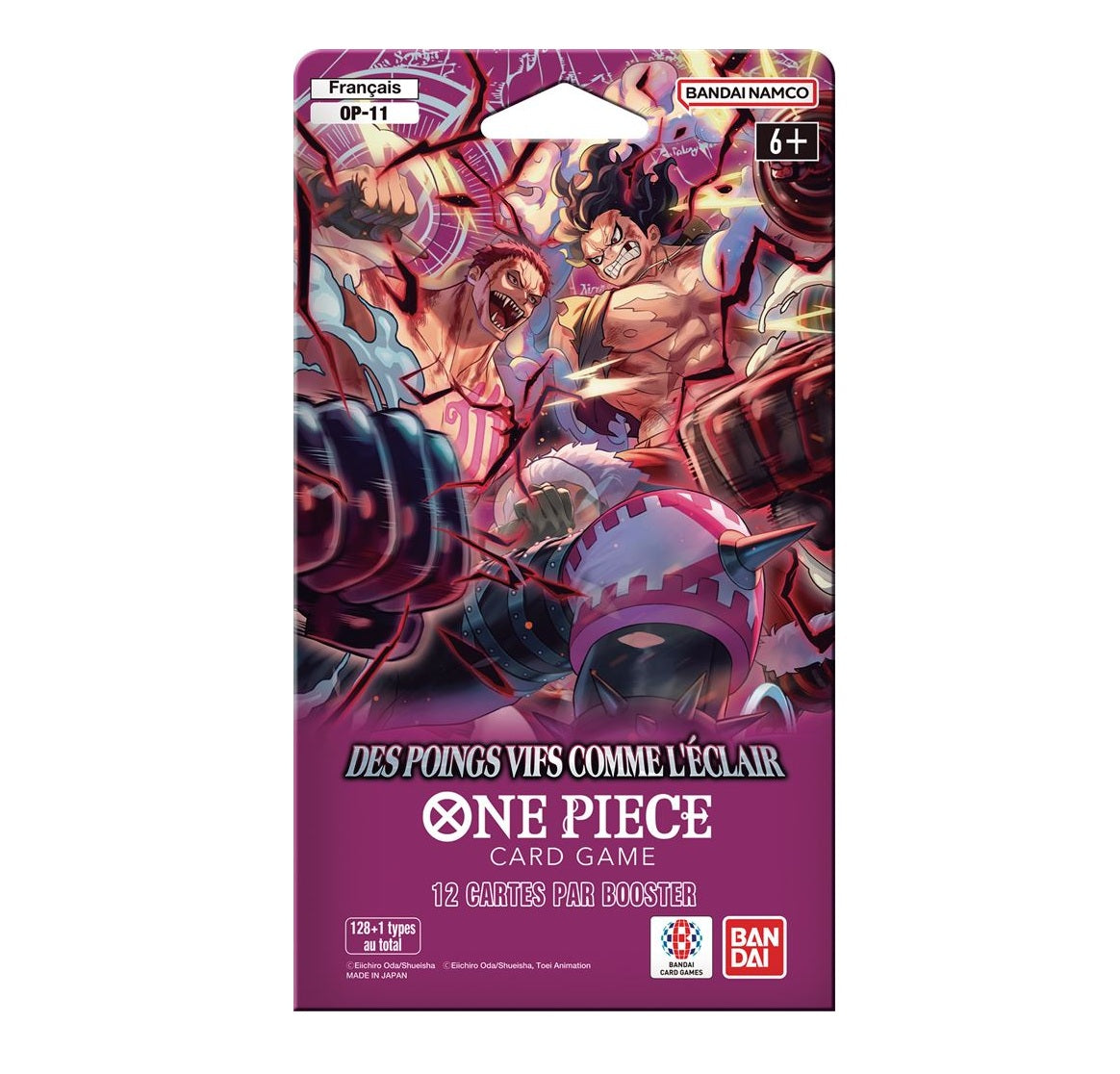 Booster OP-11 One Piece Card Game en français, illustré avec Luffy Gear 5 et Katakuri. 12 cartes par booster, titre "Des Poings Vifs Comme l’Éclair".