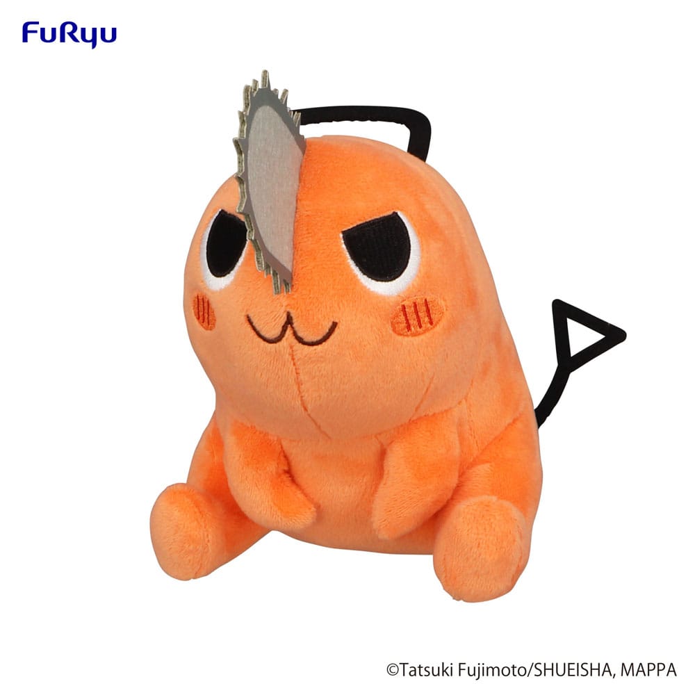 Peluche Pochita assise version Naughty de Chainsaw Man, 20 cm, avec expression espiègle et scie frontale.