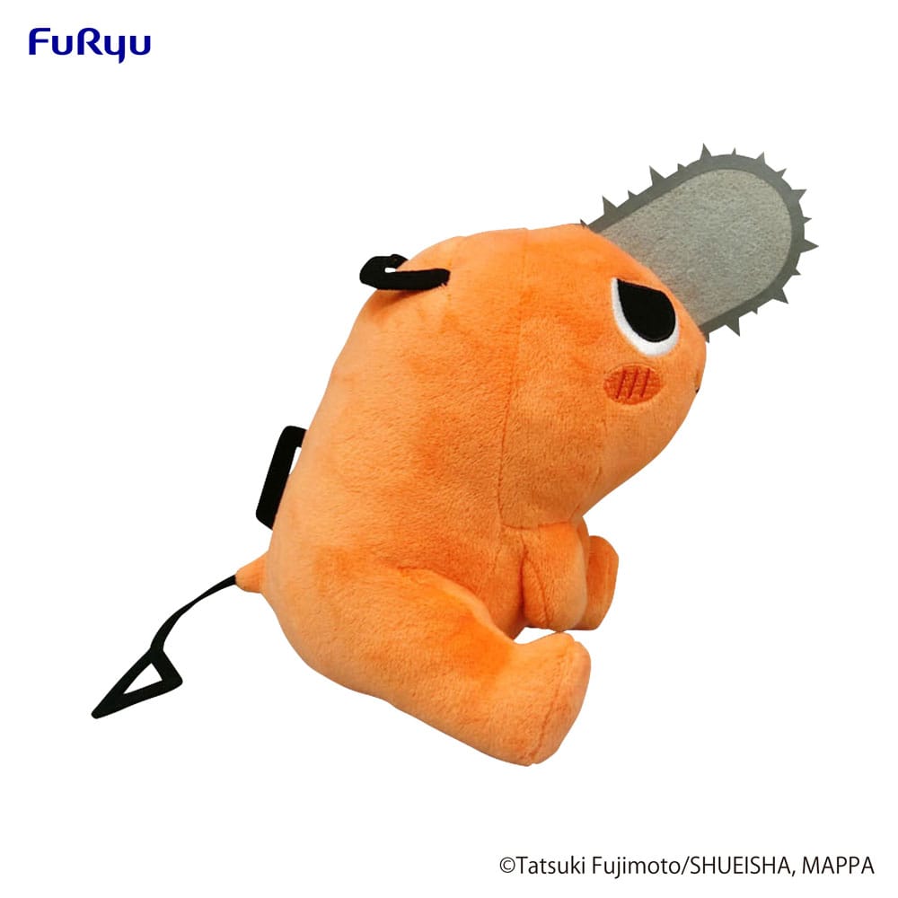 Peluche Pochita assise version Naughty de Chainsaw Man, 20 cm, avec expression espiègle et scie frontale.
