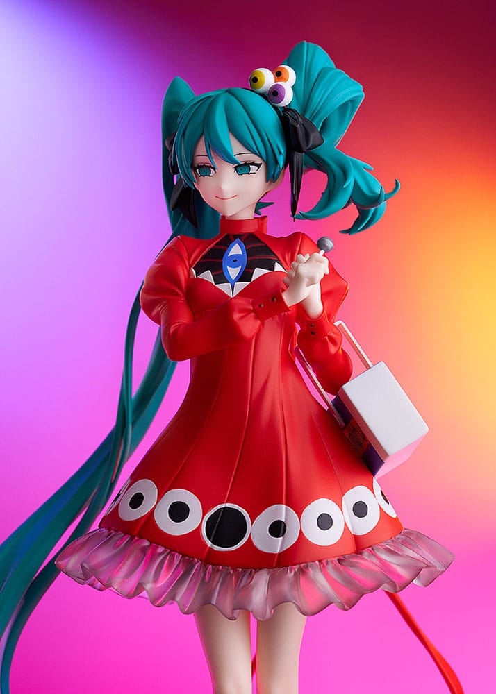 Figurine Hatsune Miku Pop Up Parade Psi Ver. L Size avec robe rouge et longs cheveux turquoise.