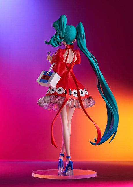 Figurine Hatsune Miku Pop Up Parade Psi Ver. L Size avec robe rouge et longs cheveux turquoise.