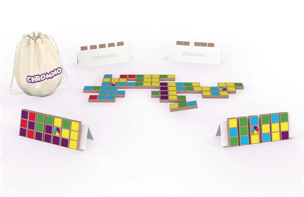 Boîte du jeu Chromino avec tuiles en bois colorées, domininos de couleur et indications 1 à 6 joueurs, dès 6 ans, 30 minutes.