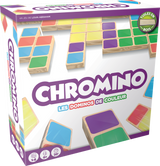Boîte du jeu Chromino avec tuiles en bois colorées, domininos de couleur et indications 1 à 6 joueurs, dès 6 ans, 30 minutes.