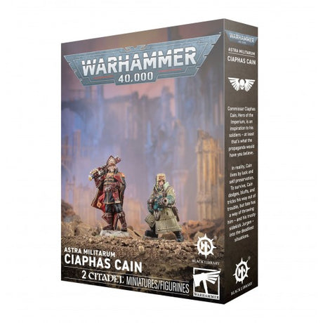 Boîte Warhammer 40,000 Astra Militarum Ciaphas Cain contenant 2 figurines Citadel, avec le commissaire Cain et son aide sur le visuel.