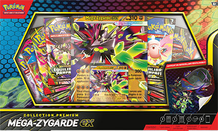 Coffret Premium Pokémon Méga-Zygarde ex avec carte promo brillante, boosters, carte grand format et accessoires sur fond coloré.