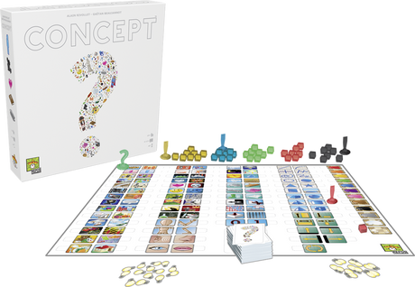 Boîte du jeu Concept blanche avec grand point d’interrogation composé de petites icônes colorées, logo Repos Production en bas.