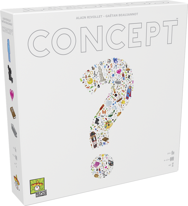 Boîte du jeu Concept blanche avec grand point d’interrogation composé de petites icônes colorées, logo Repos Production en bas.