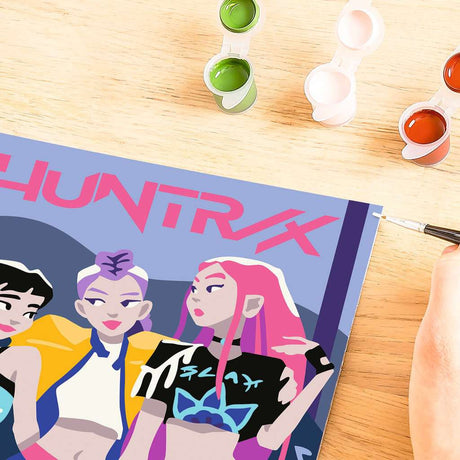 CreArt Ravensburger KPop Demon Hunters HUNTR/X, peinture par numéros 18 x 24 cm avec les trois héroïnes du groupe sur fond violet.