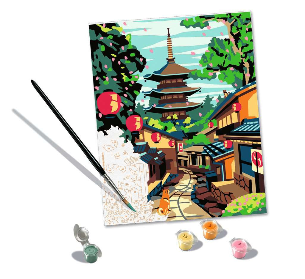 CreArt Ravensburger Adultes Tendance Japan de Batiste Perron, peinture par numéros 24 x 30 cm avec ruelle japonaise, pagode, lanternes rouges et chat.
