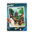 CreArt Ravensburger Adultes Tendance Japan de Batiste Perron, peinture par numéros 24 x 30 cm avec ruelle japonaise, pagode, lanternes rouges et chat.
