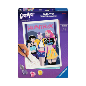CreArt Ravensburger KPop Demon Hunters HUNTR/X, peinture par numéros 18 x 24 cm avec les trois héroïnes du groupe sur fond violet.