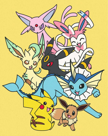 CreArt Ravensburger Pokémon Pikachu & Évoli, peinture par numéros 24 x 30 cm avec Pikachu, Évoli et plusieurs Évolitions sur fond jaune.