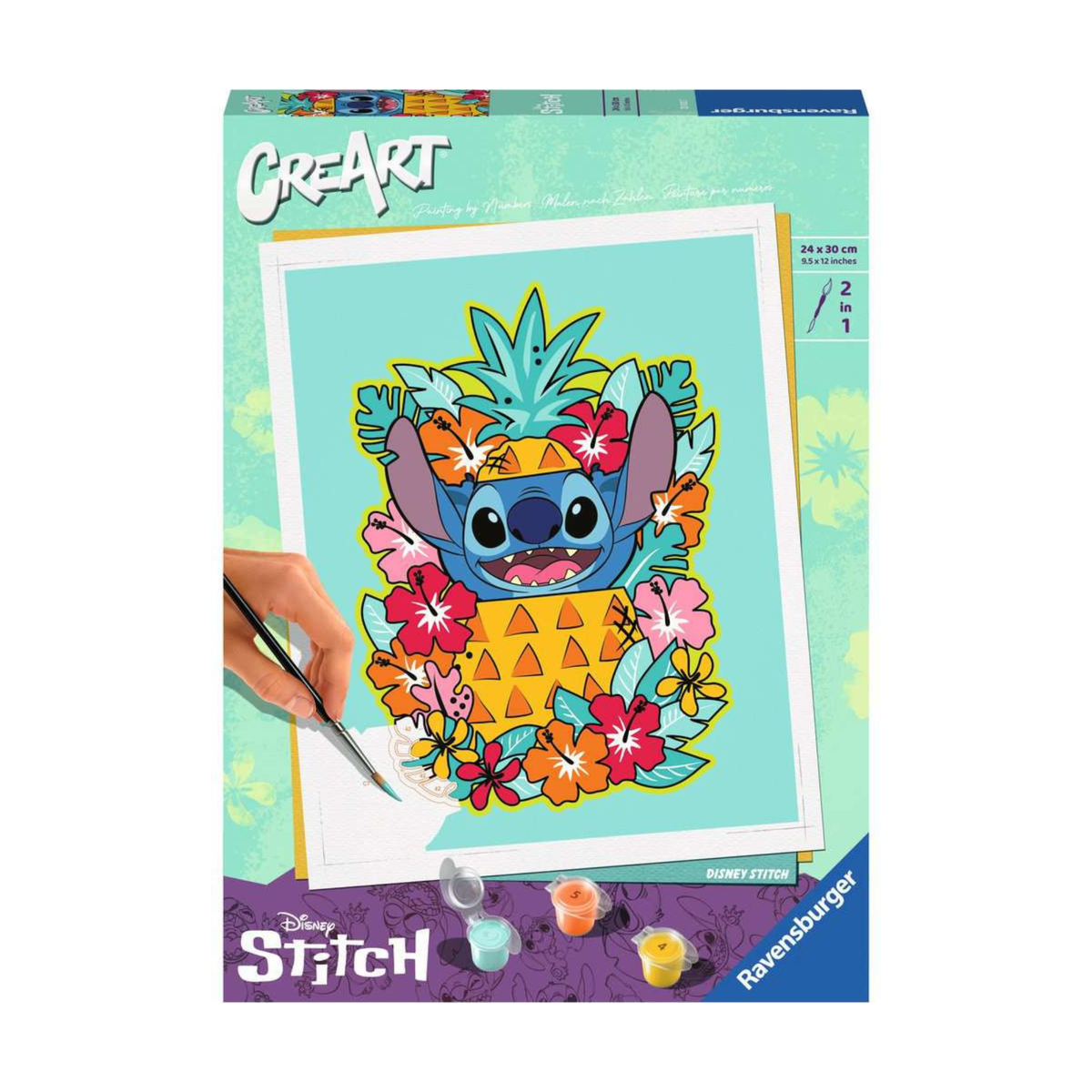 CreArt Ravensburger Disney Stitch, peinture par numéros 24 x 30 cm avec Stitch dans un ananas entouré de fleurs tropicales.