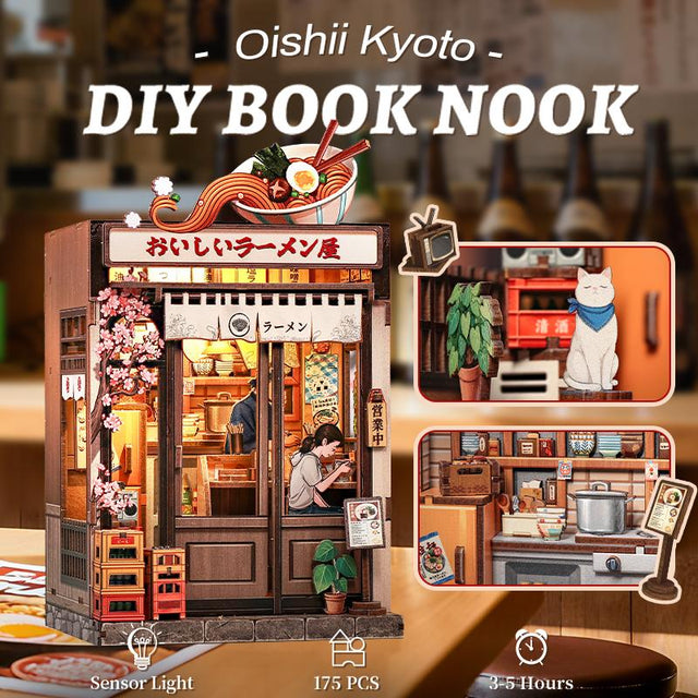 Maquette CuteBee Oishii Kyoto DIY Book Nook représentant une boutique de ramen japonaise miniature de 175 pièces avec lumière à capteur.