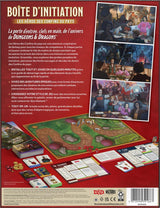 Boîte d'initiation Donjons & Dragons Les Héros des Confins du Pays en français, illustrant un immense dragon rouge affrontant des aventuriers armés d'épées et de magie dans une forêt fantastique.