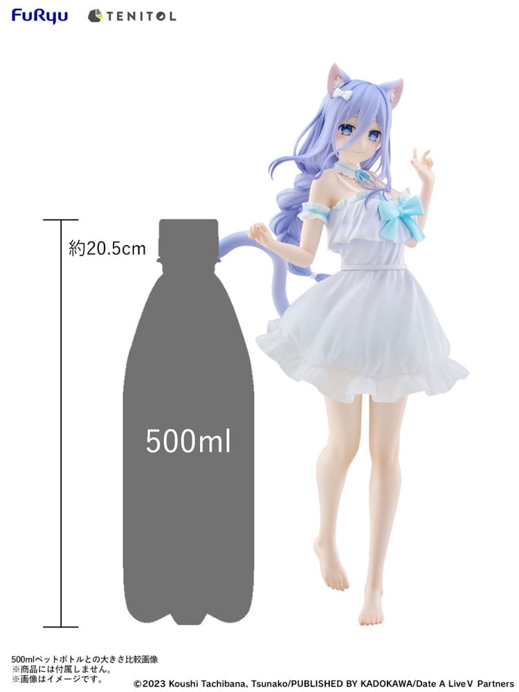 Statuette PVC Date A Live V Tenitol Tall Mio Takamiya par FuRyu, avec robe blanche, oreilles de chat, queue et cheveux lavande.