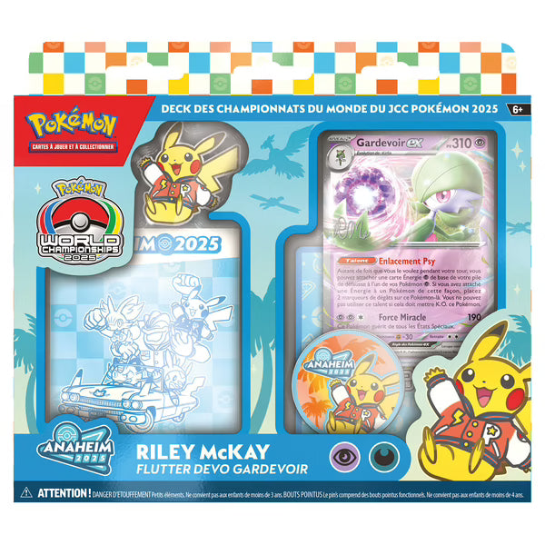 Boîte du Deck Pokémon des Championnats du Monde 2025 Riley McKay Gardevoir avec Gardevoir ex, Pikachu mascotte et logo Anaheim 2025.