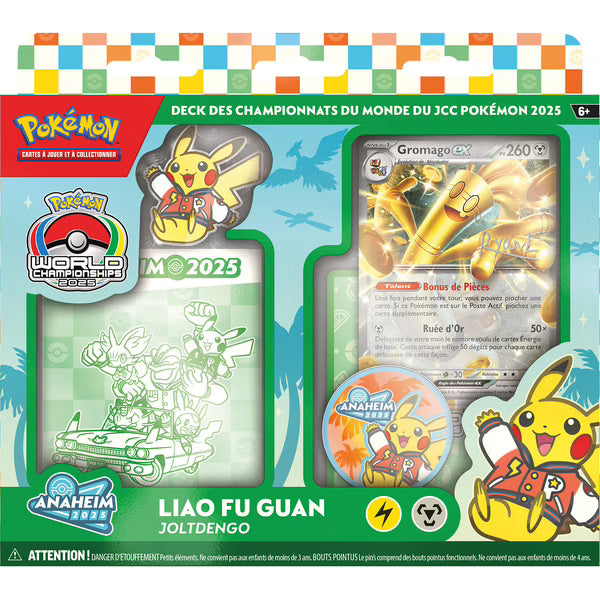 Boîte du Deck Pokémon des Championnats du Monde 2025 Liao Fu Guan avec Gromago ex, Pikachu mascotte et logo Anaheim 2025.