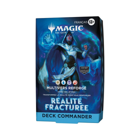 Deck Commander Magic: The Gathering Réalité Fracturée Multivers Reforgé en français, avec illustration d’un mage bleu et effets de magie.