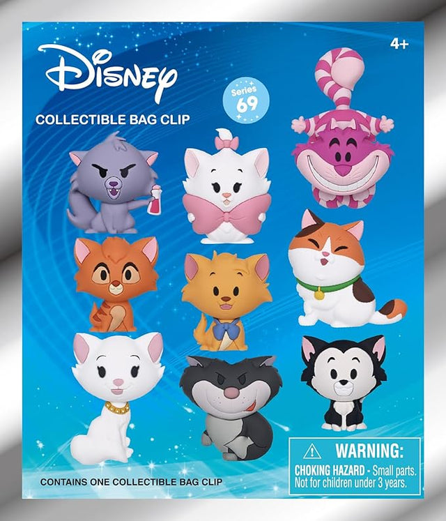 Disney Cats Collectible Bag Clip Series 69 avec plusieurs chats Disney chibi, dont Marie, Figaro et le Chat du Cheshire.