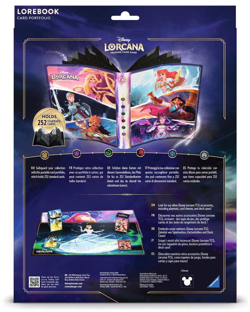 Album de collection Disney Lorcana Princesses ouvert, avec illustrations de Raiponce, Ariel, Jasmine, Cendrillon et autres héroïnes Disney.