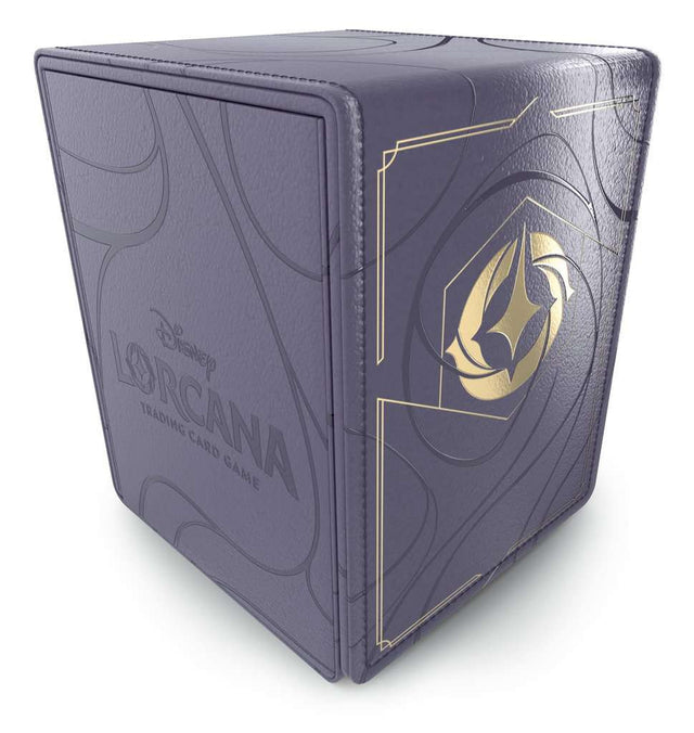 Boîte de rangement Ultra Pro Disney Lorcana gris-violet avec logo doré, conçue pour protéger et transporter des decks de cartes.
