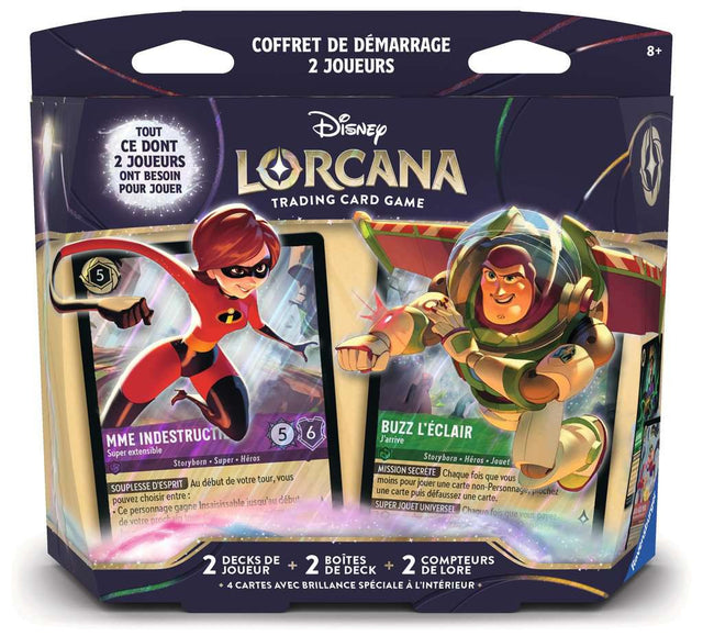 Coffret de démarrage 2 joueurs Disney Lorcana avec Buzz l’Éclair et Mme Indestructible, contenant 2 decks, 2 boîtes de deck et 2 compteurs de Lore.