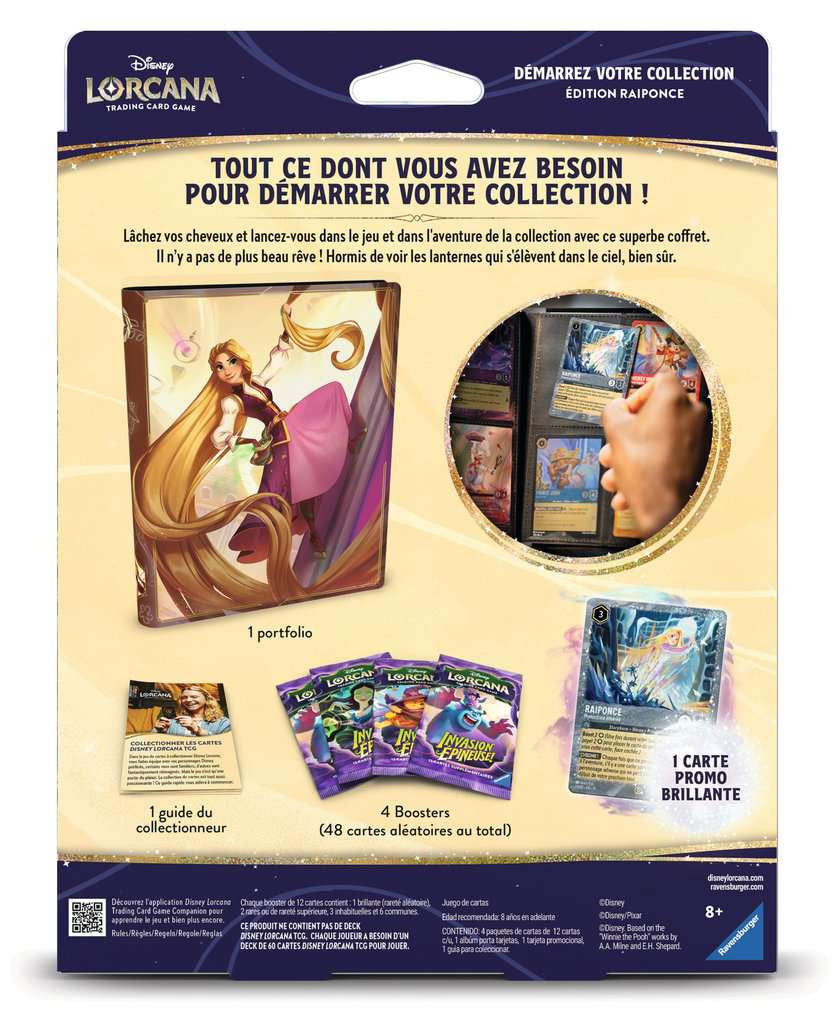 Coffret Disney Lorcana Démarrez votre Collection Édition Raiponce avec album illustré, 4 boosters, carte promo brillante Raiponce et guide du collectionneur.