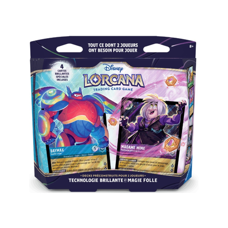 Coffret de démarrage Disney Lorcana pour 2 joueurs avec Baymax et Madame Mime, contenant deux decks préconstruits et 4 cartes brillantes spéciales.