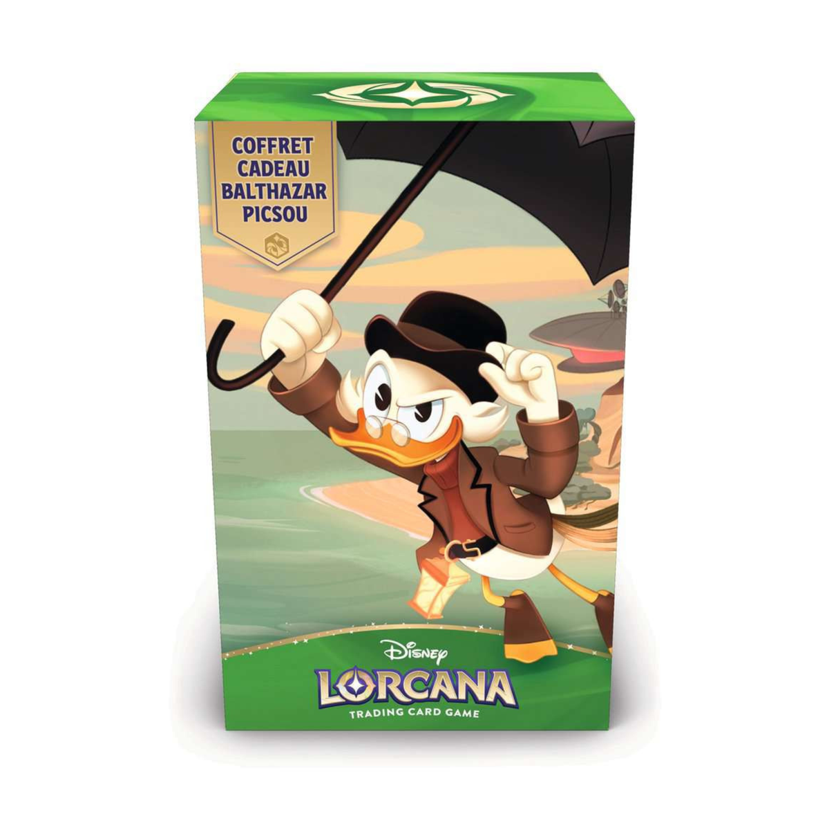 Coffret Cadeau Disney Lorcana Balthazar Picsou avec boîte de rangement illustrée, 5 boosters, carte brillante spéciale et séparateurs de cartes.