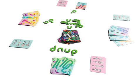 Boîte du jeu Dnüp verte et noire avec cartes au centre et chiffres colorés, indiquant 2 à 5 joueurs, 15 minutes et dès 8 ans.