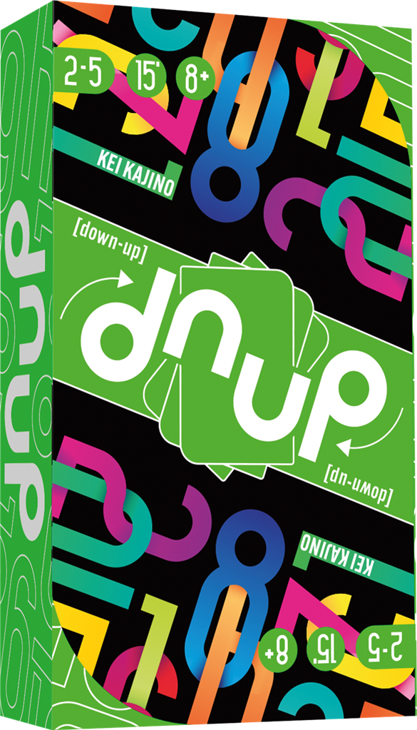 Boîte du jeu Dnüp verte et noire avec cartes au centre et chiffres colorés, indiquant 2 à 5 joueurs, 15 minutes et dès 8 ans.