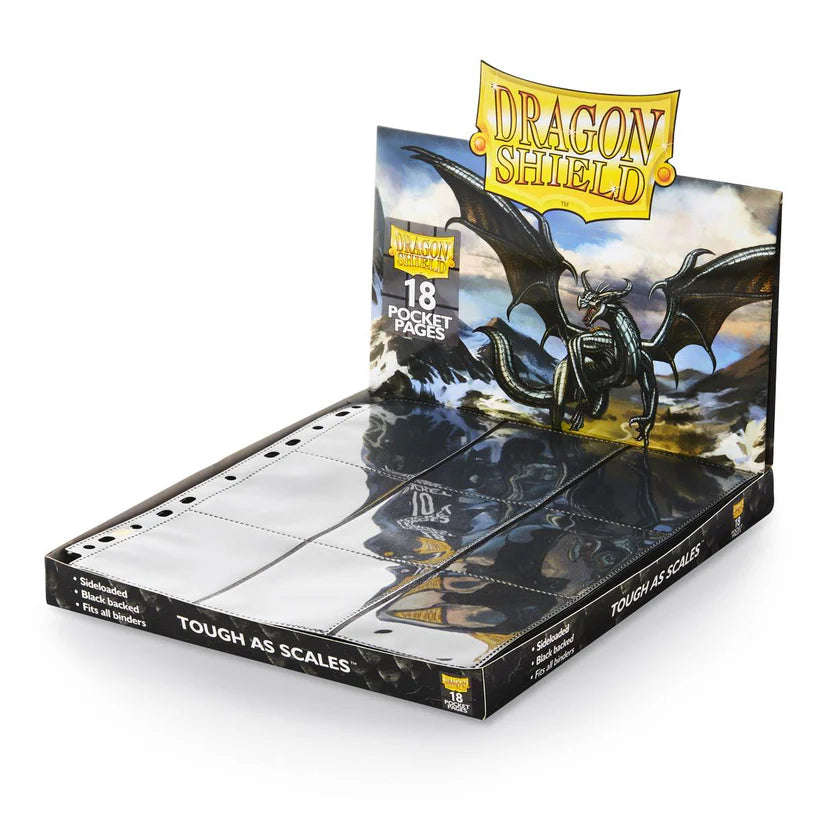 Boîte Dragon Shield contenant 50 pages à 18 pochettes sideloaded, fond noir, pour classeur de cartes à collectionner.