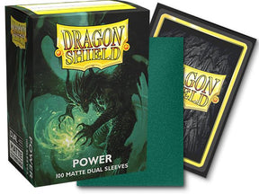 Boîte Dragon Shield Dual Matte Power contenant 100 protège-cartes standard verts avec intérieur noir et finition mate.