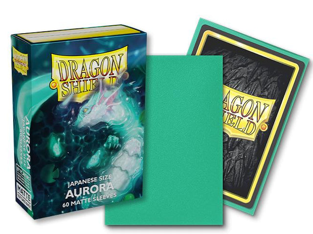 Boîte Dragon Shield Mini Matte Aurora contenant 60 protège-cartes turquoise au format japonais avec finition mate.