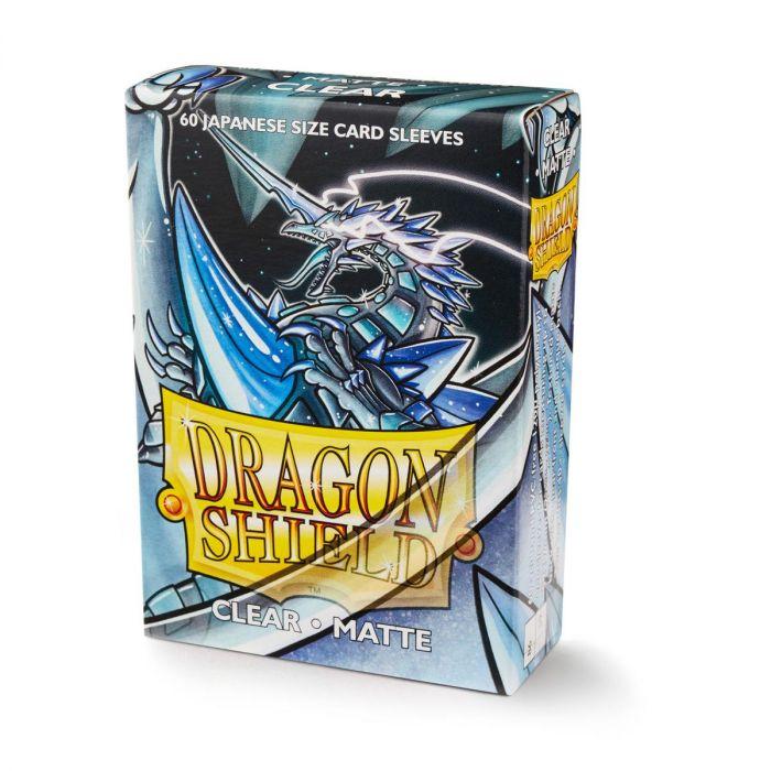 Boîte de 60 protège-cartes Dragon Shield Clear Matte au format japonais Mini, avec illustration d'un dragon bleu argenté, logo Dragon Shield doré et finition transparente mate pour cartes Yu-Gi-Oh!.