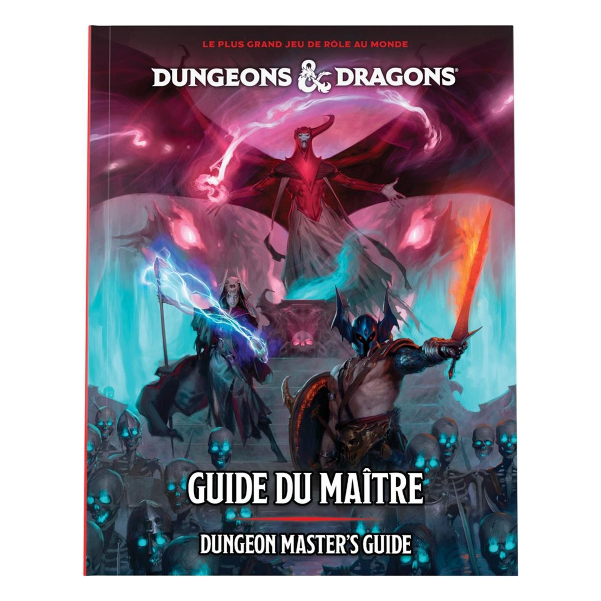 Couverture du livre Donjons & Dragons Guide du Maître 2024 en français, représentant des créatures fantastiques, des lanceurs de sorts et une armée de squelettes aux yeux bleus lumineux.