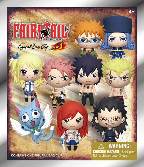 Présentoir Fairy Tail Figural Bag Clip Series 1 avec sachets surprises de porte-clés 3D représentant plusieurs personnages de l’anime.