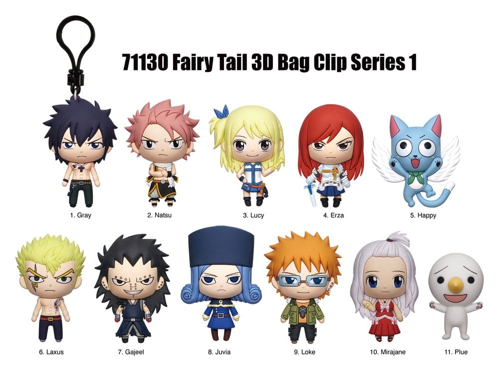 Présentoir Fairy Tail Figural Bag Clip Series 1 avec sachets surprises de porte-clés 3D représentant plusieurs personnages de l’anime.