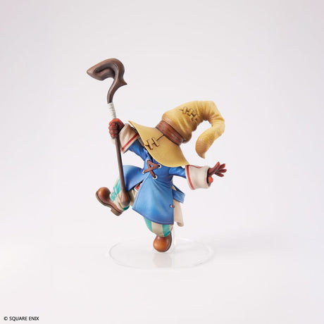 Statuette Final Fantasy IX Form-ISM Bibi Ornitier, mage noir avec chapeau pointu, manteau bleu et bâton sur socle transparent.