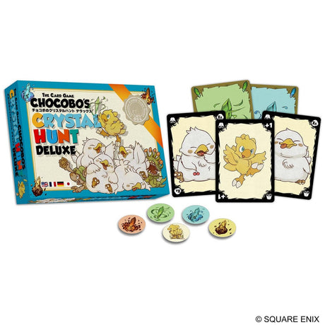 Boîte du jeu de cartes Final Fantasy Chocobo’s Crystal Hunt Deluxe avec plusieurs Chocobos et cristaux colorés.