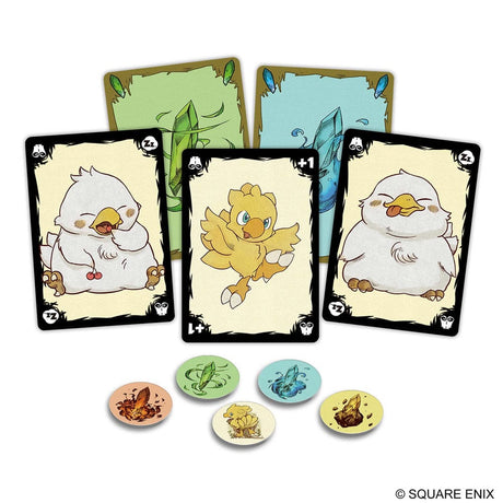 Boîte du jeu de cartes Final Fantasy Chocobo’s Crystal Hunt Deluxe avec plusieurs Chocobos et cristaux colorés.