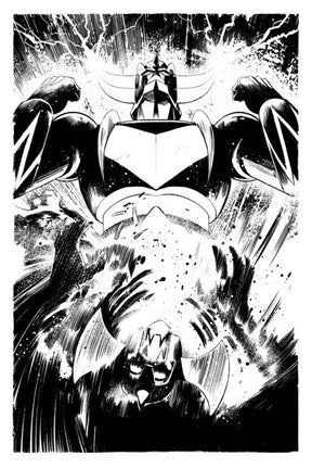 Sérigraphie noir et blanc de Goldorak en pleine action, illustration puissante inspirée de l’œuvre de Go Nagai.