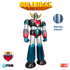 Figurine Goldorak 60 cm Metallic Touch avec finition métal, couleurs bleu, rouge, noir et argent, logo Goldorak en haut.