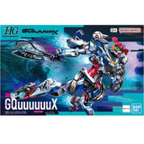 Gunpla HG 1/144 Mobile Suit G-Quuuuuuu aux couleurs rouge, bleu et blanc, équipé d’une grande hache articulée et d’un bouclier.