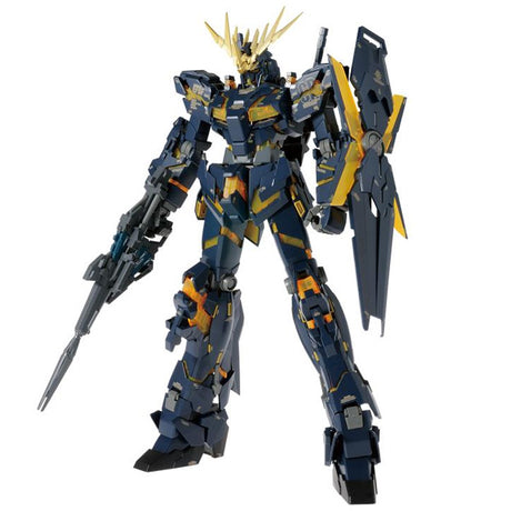 Gunpla MG 1/100 Unicorn Gundam 02 Banshee Ver.Ka bleu nuit et or, modèle transformable Bandai avec Psycho-Frame ambré.