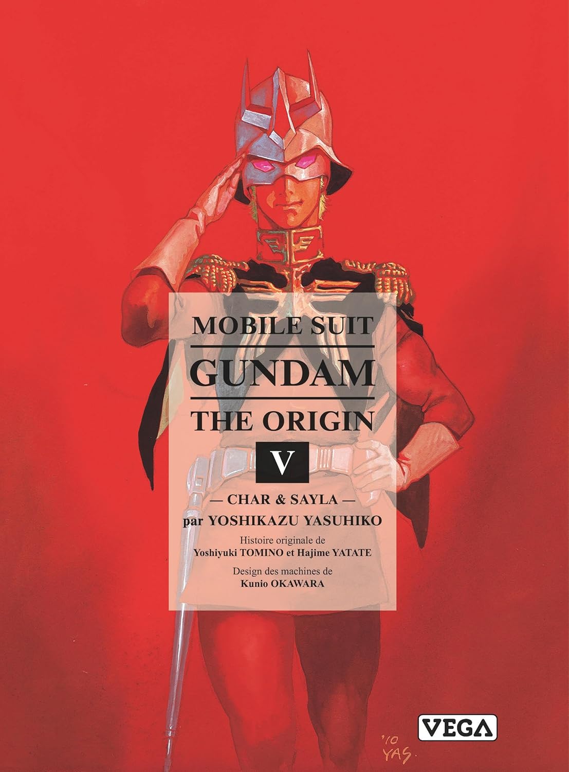 manga Mobile Suit Gundam The Origin Tome 5 montrant Char Aznable saluant sur fond rouge